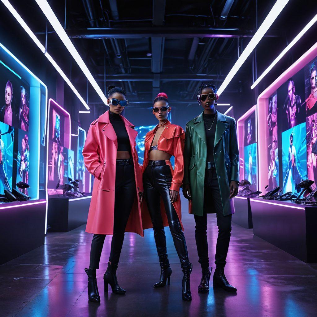 An eye-catching display of futuristic ecommerce fashion, featuring diverse models showcasing innovative clothing designs with virtual and augmented reality elements. The background depicts a sleek digital storefront filled with fashion gadgets and tech, while stylish accessories float around in a captivating manner. Soft neon lights enhance the modern vibe, making it feel dynamic and trendy. super-realistic. vibrant colors. cyberpunk.