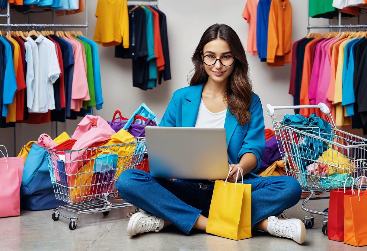 A stylish modern shopper browsing through a vibrant online fashion marketplace, surrounded by floating clothing items showcasing current trends like streetwear, athleisure, and sustainable styles. Elements such as a laptop, smartphone, and trendy accessories are visible, emphasizing the digital shopping experience. The background features dynamic elements representing e-commerce, like shopping carts and price tags. super-realistic. vibrant colors. 3D.