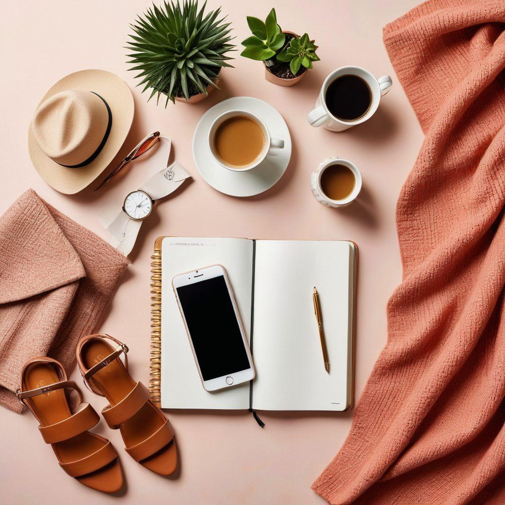 A stylish flat lay featuring an array of modern fashion items like trendy clothing, accessories, and shoes, with a notebook opened to show shopping guides and consumer reviews. Soft, warm lighting highlights the textures and colors of the fabrics, creating an inviting atmosphere. Include subtle elements like a smartphone showing fashion apps and a coffee cup for a cozy feel. vibrant colors. super-realistic.
